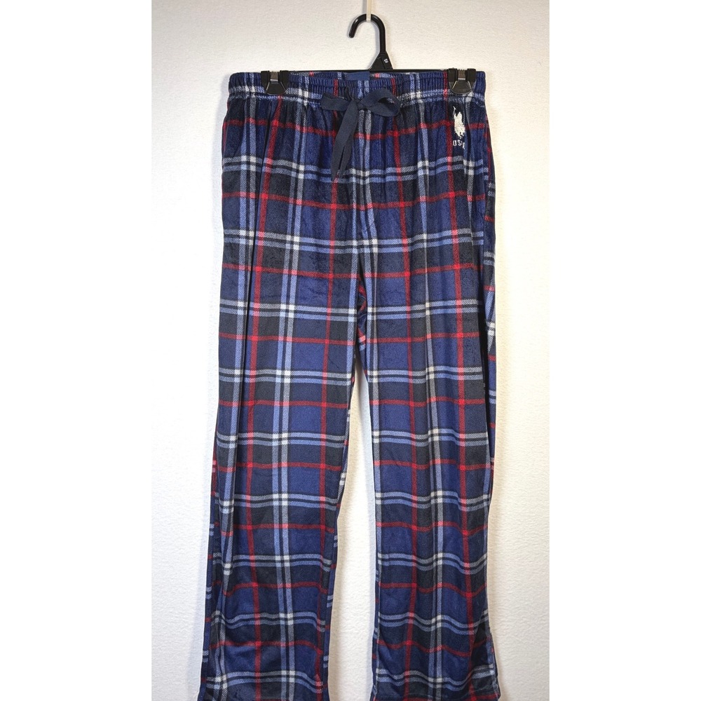 USPA Pajama Pants Mens Medium Blue Plaid Excellent Fleece Lounge Sleepwear